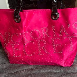 Victoria's Secret Hot Pink Satin Rhinestone Bling Tote Bag